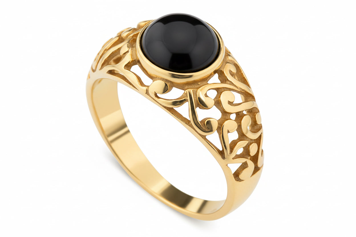 Pierścionek ażurowy z onyksem srebro pozłacane