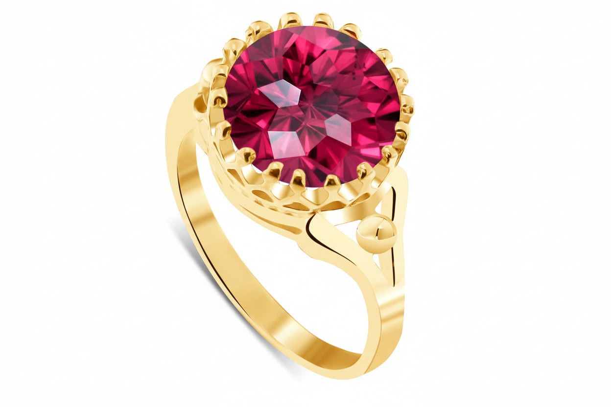 Pierścionek korona z rubinową cyrkonią 10mm srebro pozłacane