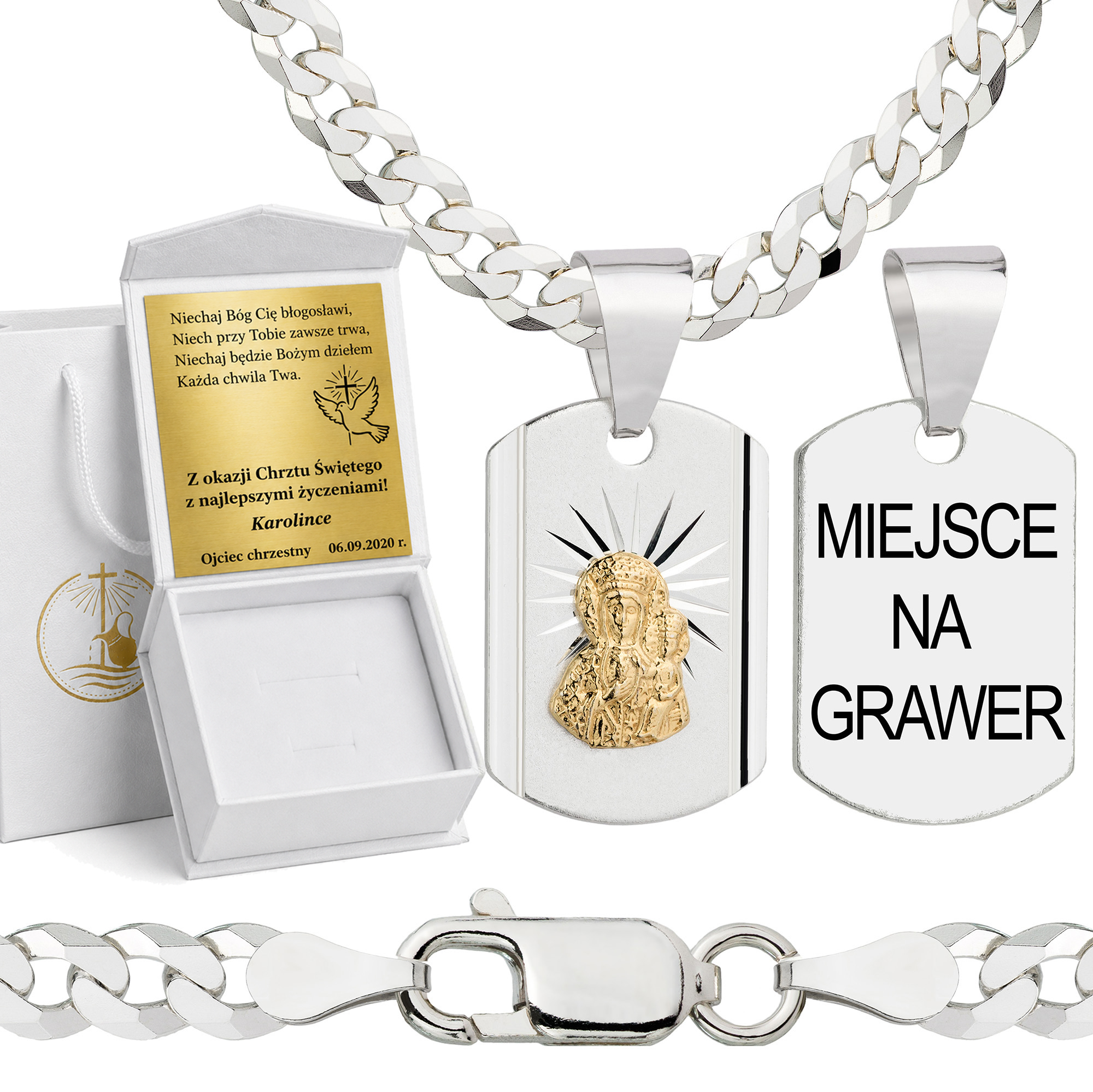 Łańcuszek na Chrzest srebrny z medalikiem pancerka 3,8mm z grawerowanym pudełeczkiem i zawieszką pr. 925