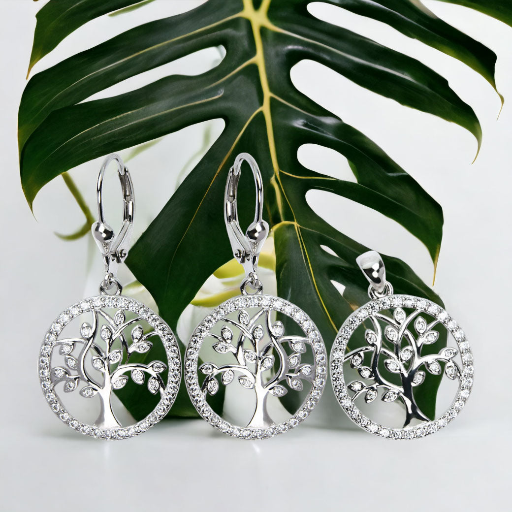 Komplet - kolczyki i wisiorek drzewka szczęścia z cyrkoniami