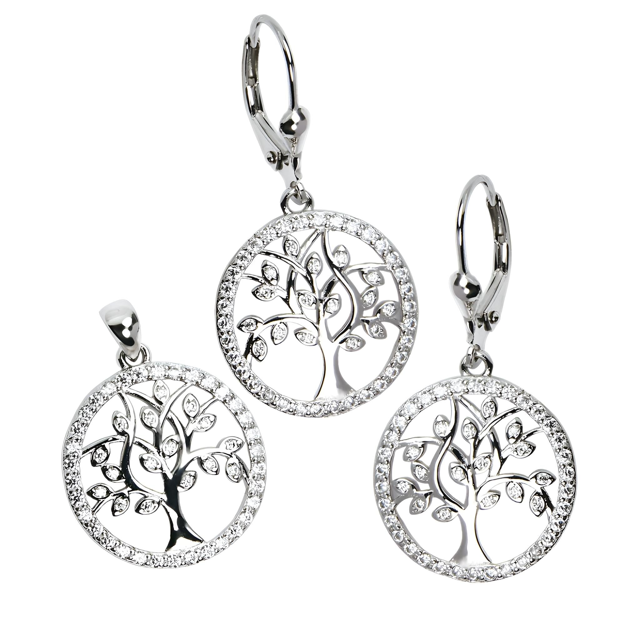 Komplet - kolczyki i wisiorek drzewka szczęścia z cyrkoniami