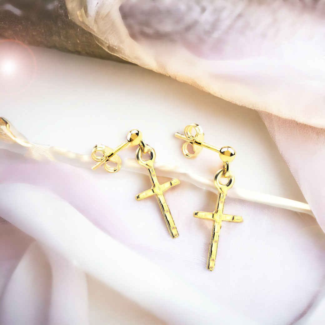 Kolczyki wiszące z krzyżykiem złocone