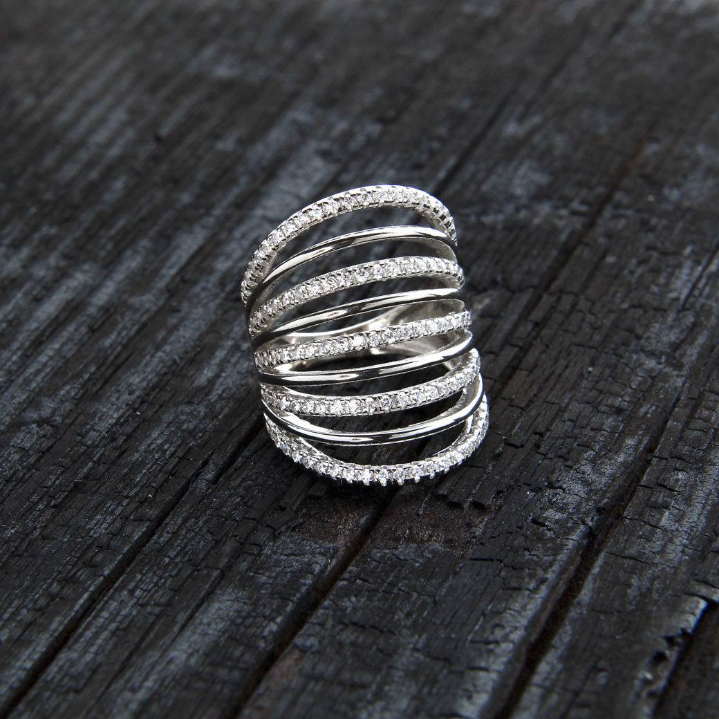 Pierścionek wysoki obrączki z cyrkoniami Winter Bloom