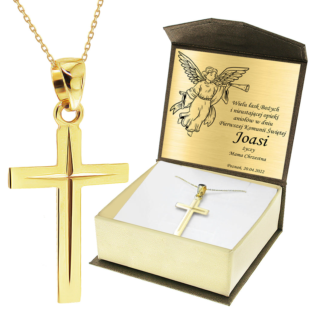 Krzyżyk z łańcuszkiem ze złota + pudełko z grawerem Pamiątka I Komunii Świętej