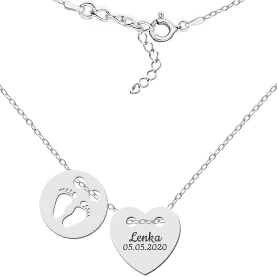 Srebrny naszyjnik serce i stópki dziecięce + grawer