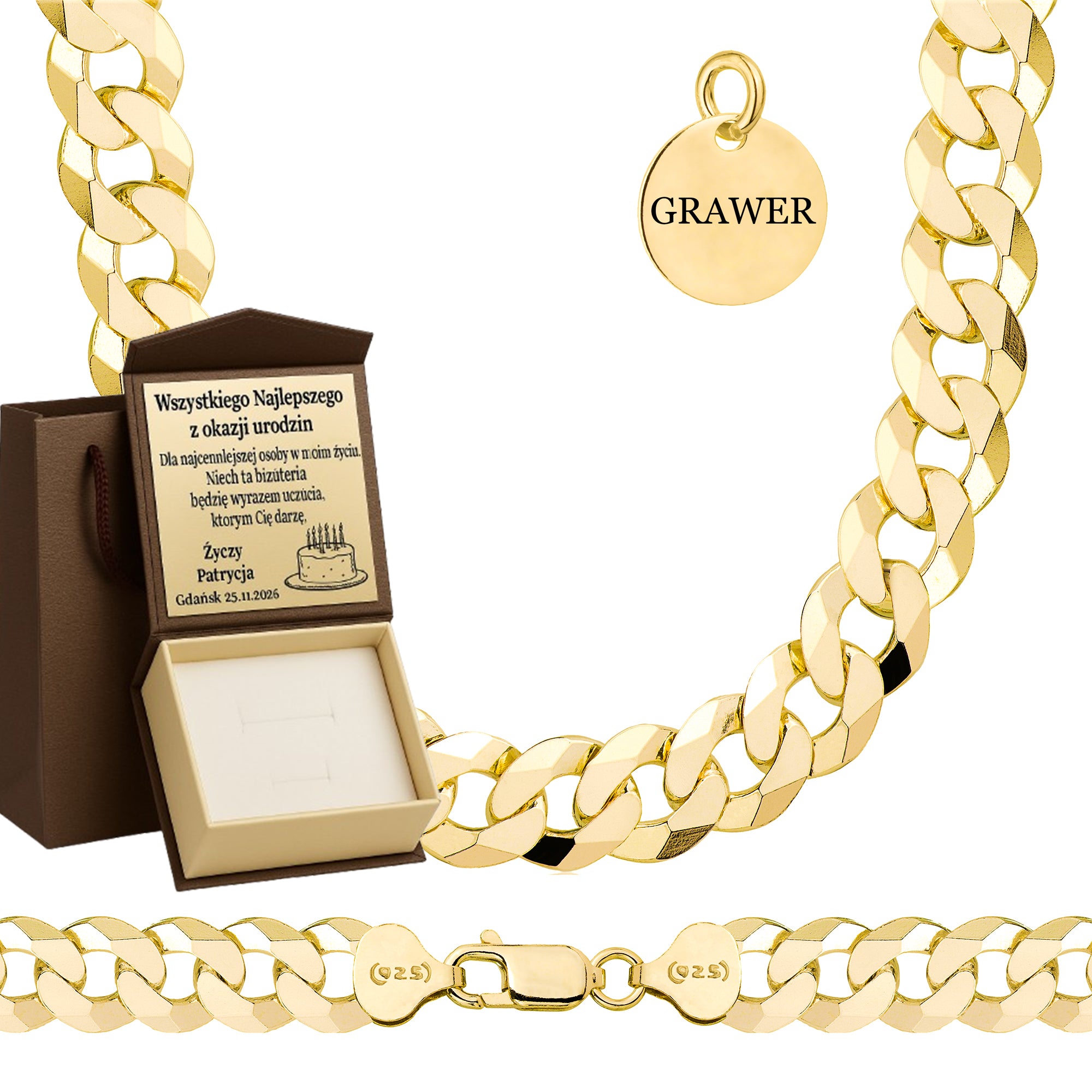 Łańcuszek pozłacany srebrny pancerka 9,5mm pr. 925