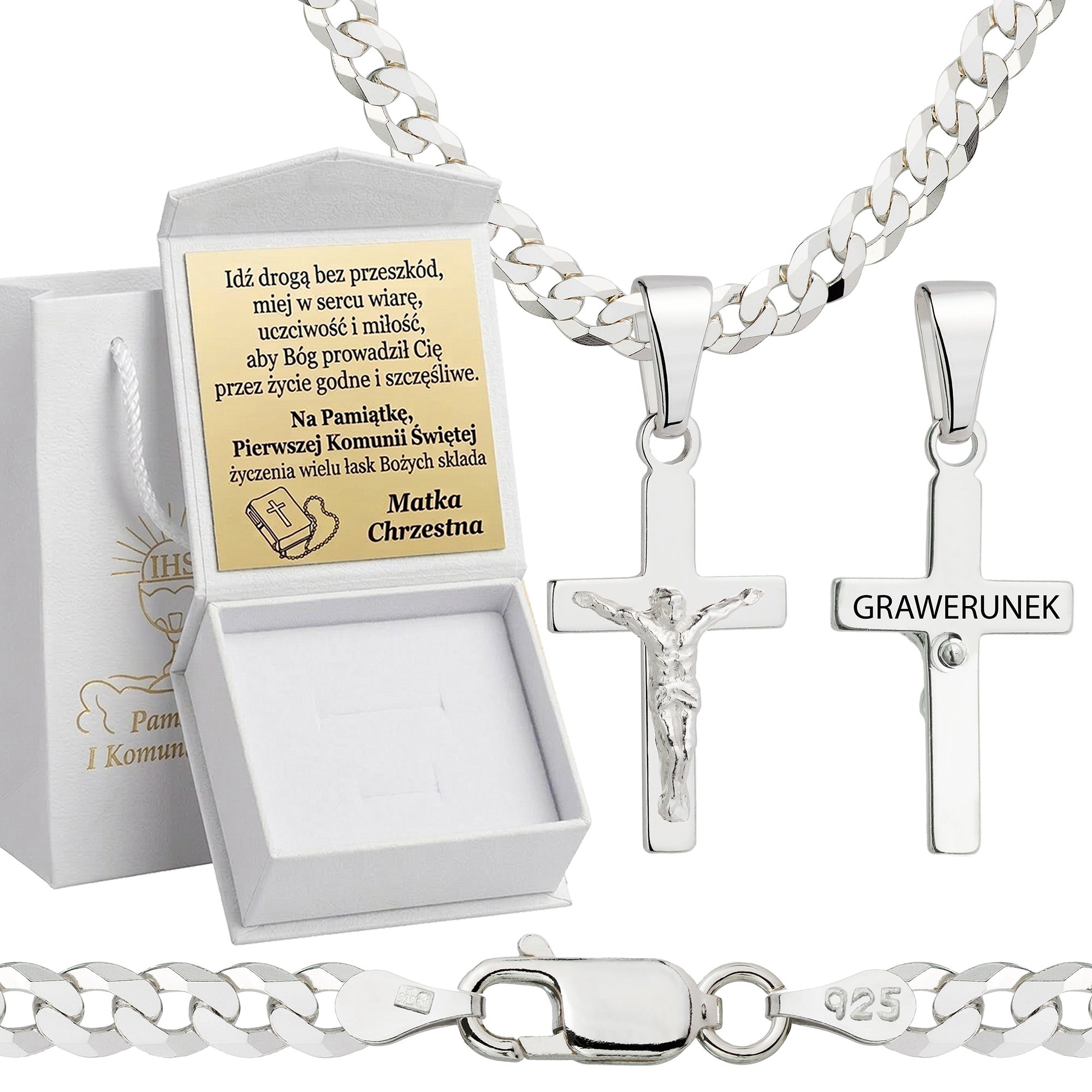 Łańcuszek komunijny srebrny z krzyżykiem pancerka 3,8mm z grawerowanym pudełeczkiem i zawieszką pr. 925