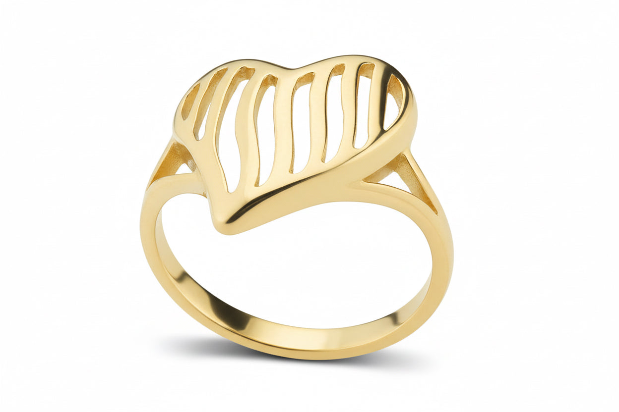 Pierścionek z ażurowym paskowanym sercem srebro pozłacane