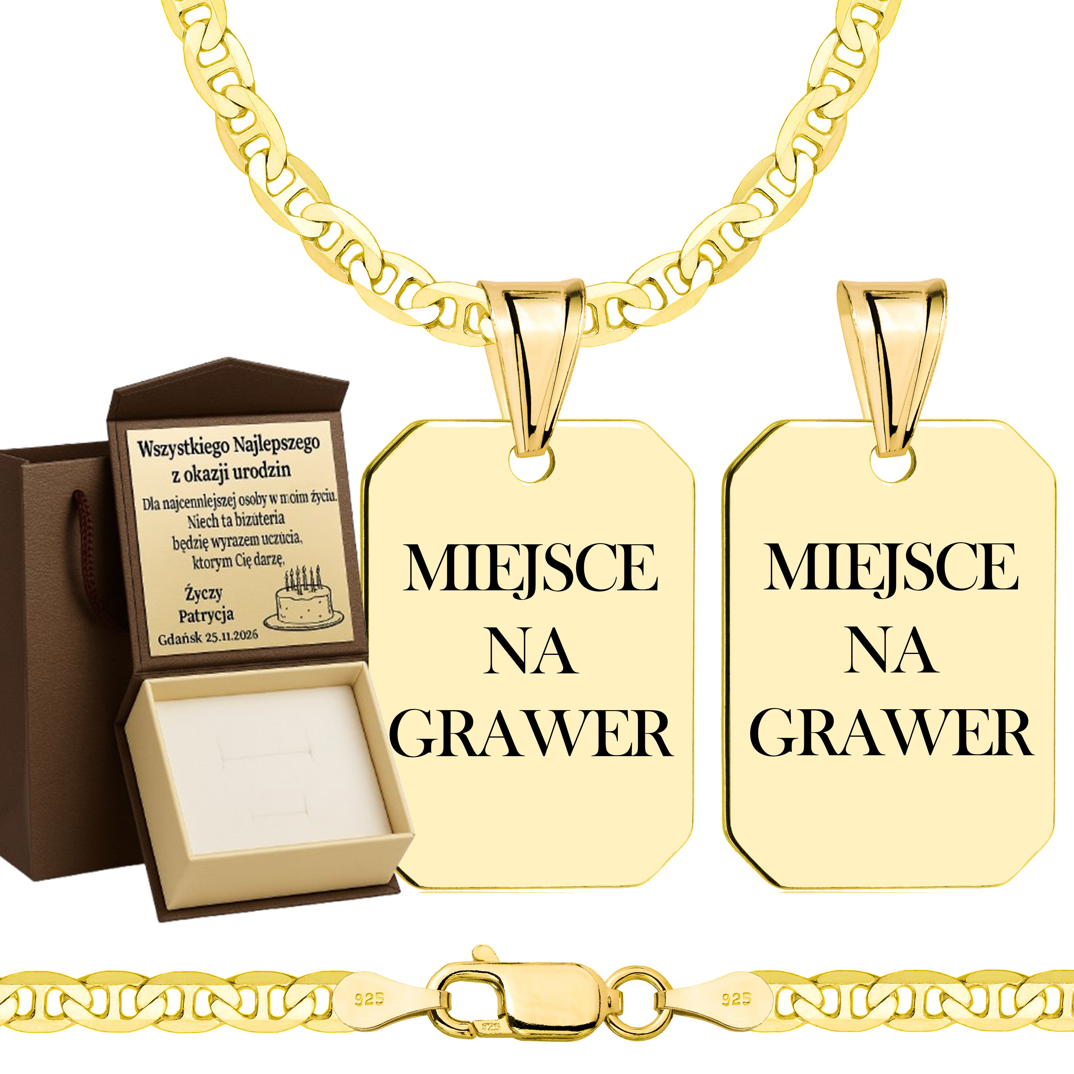 Łańcuszek pozłacany srebrny z nieśmiertelnikiem gucci 3,5mm pr. 925 585