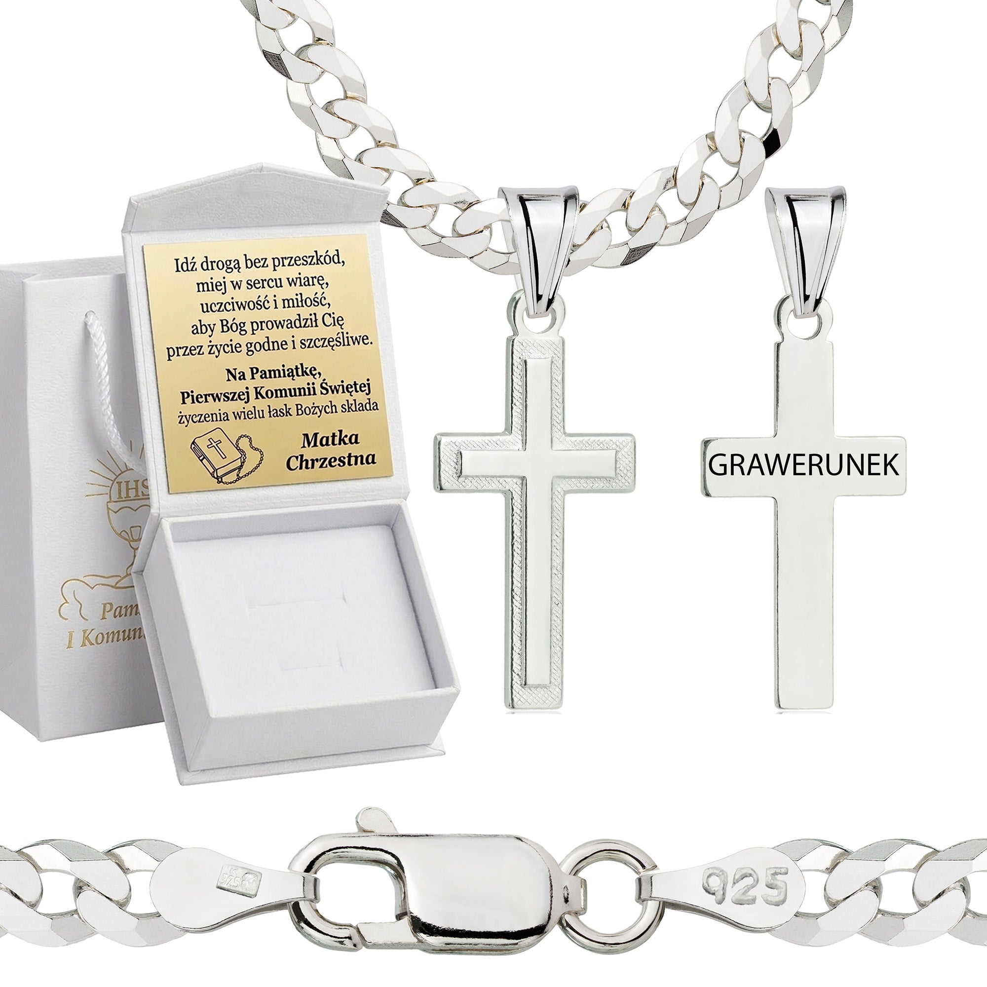 Łańcuszek komunijny srebrny z krzyżykiem pancerka 3,8mm z grawerowanym pudełeczkiem i zawieszką pr. 925