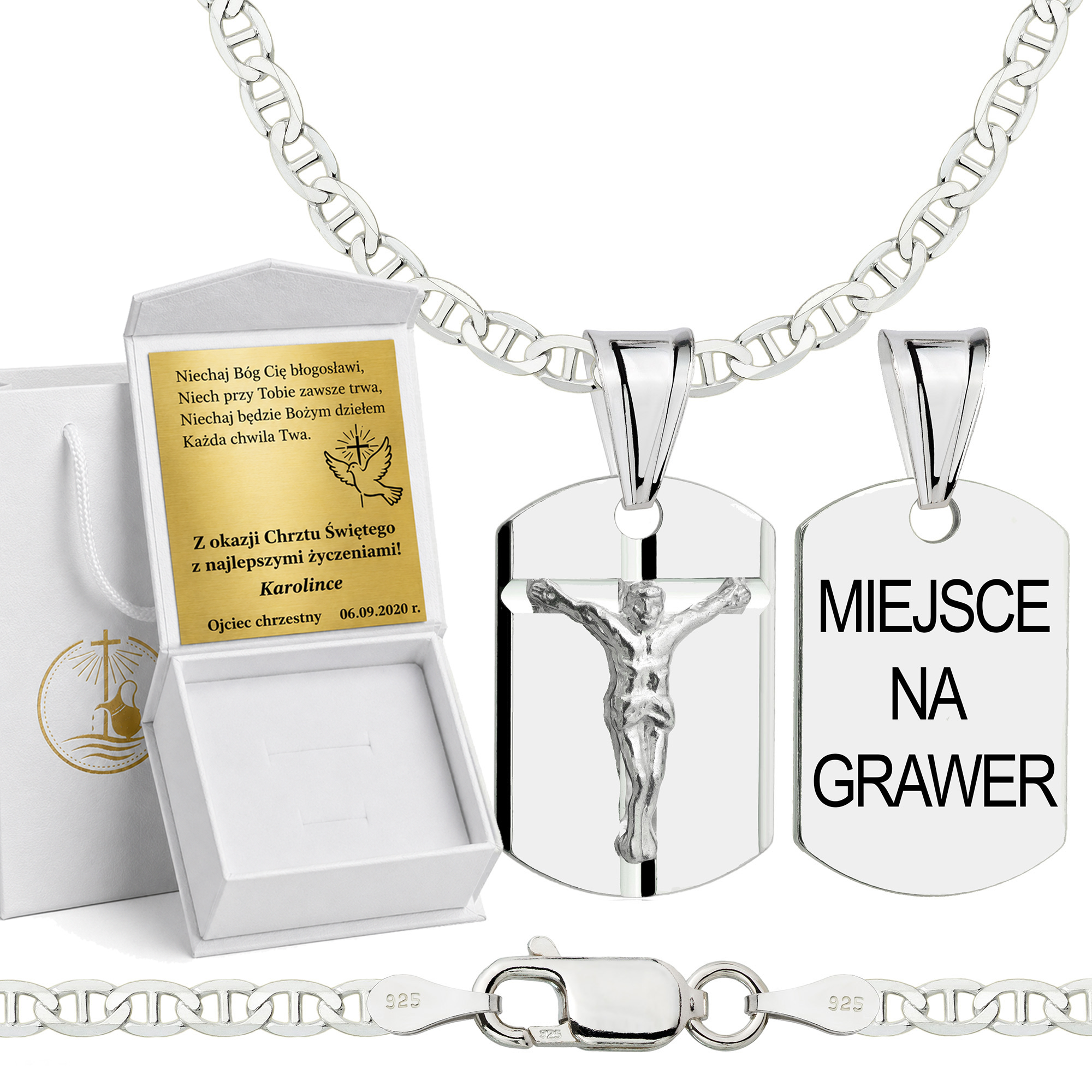 Łańcuszek na Chrzest srebrny z medalikiem gucci 2,6mm z grawerowanym pudełeczkiem i zawieszką pr. 925