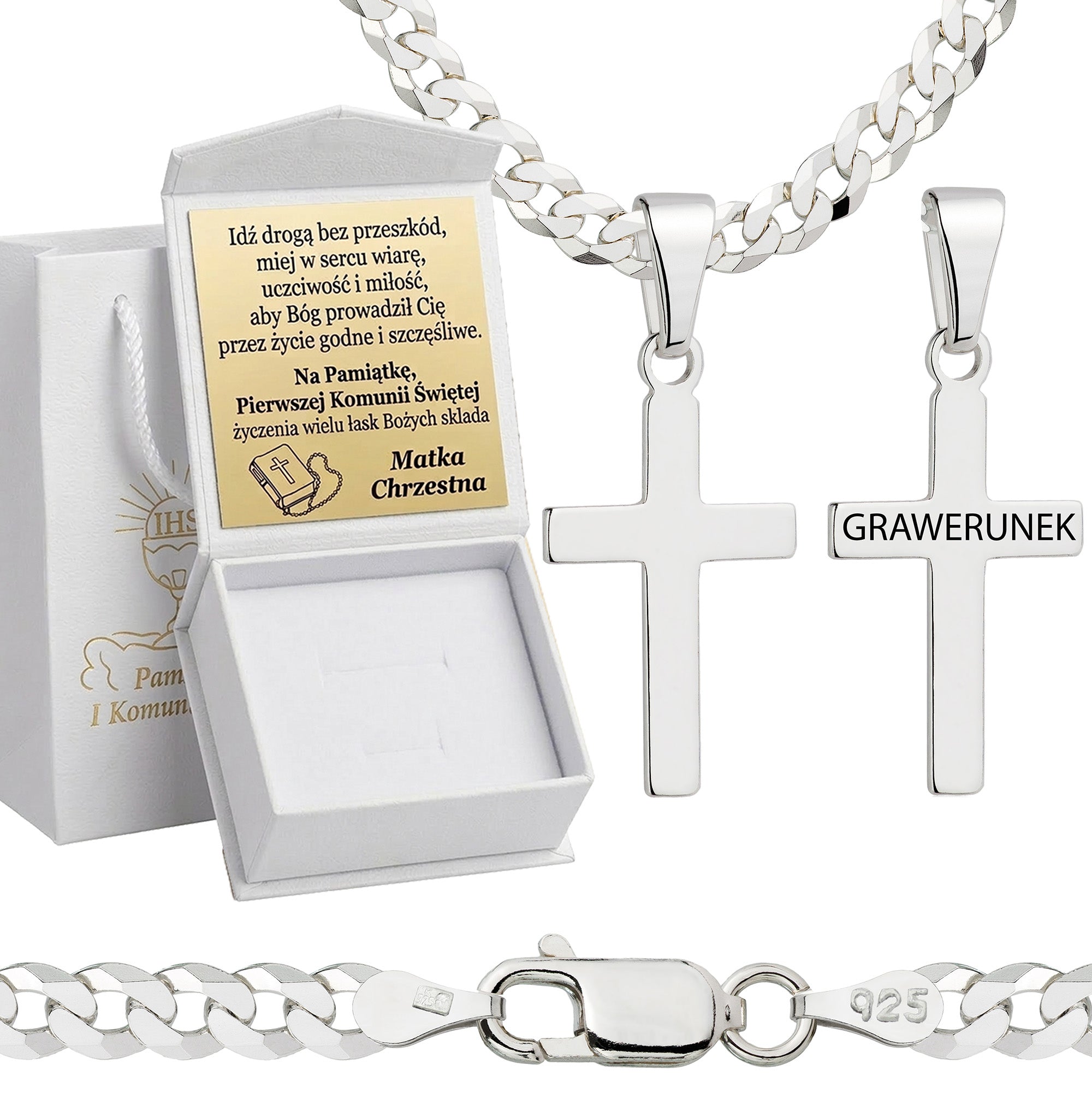 Łańcuszek komunijny srebrny z krzyżykiem pancerka 3,8mm z grawerowanym pudełeczkiem i zawieszką pr. 925