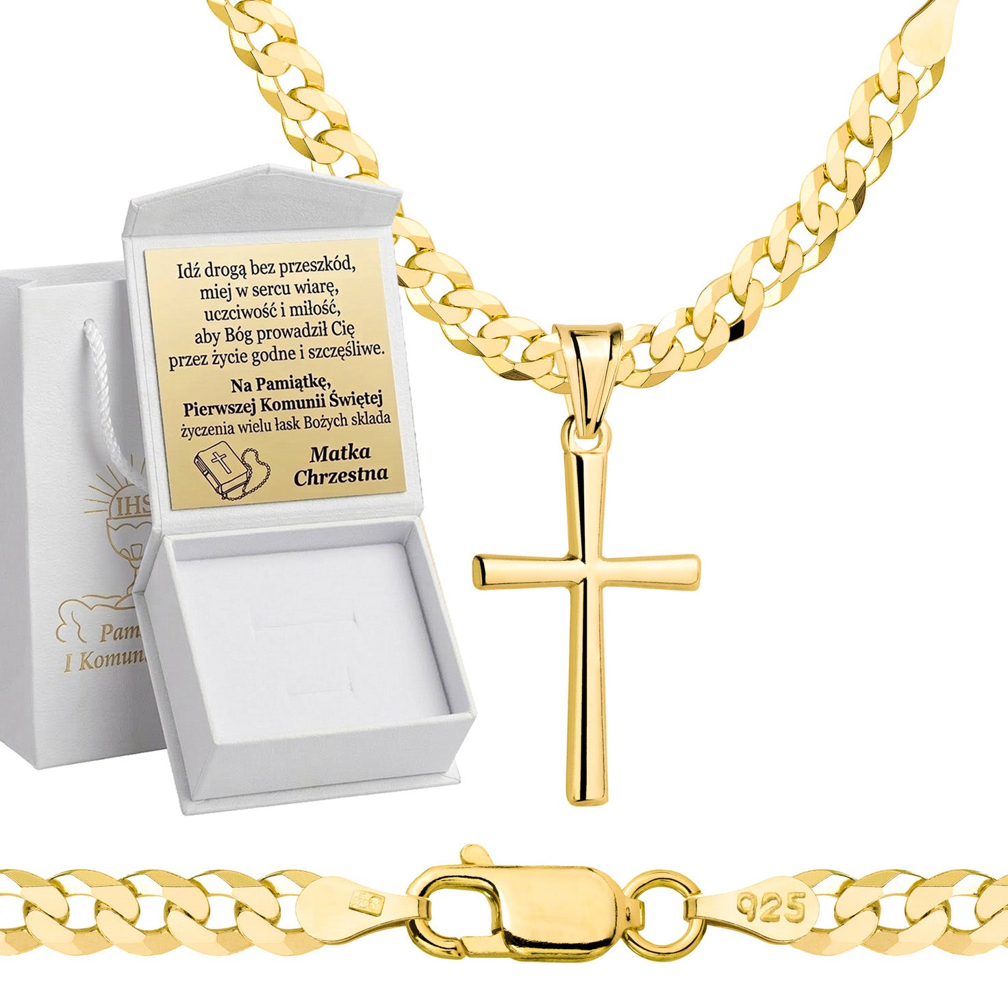 Łańcuszek komunijny pozłacany srebrny pancerka z krzyżykiem 3,8mm z grawerowanym pudełeczkiem pr. 925
