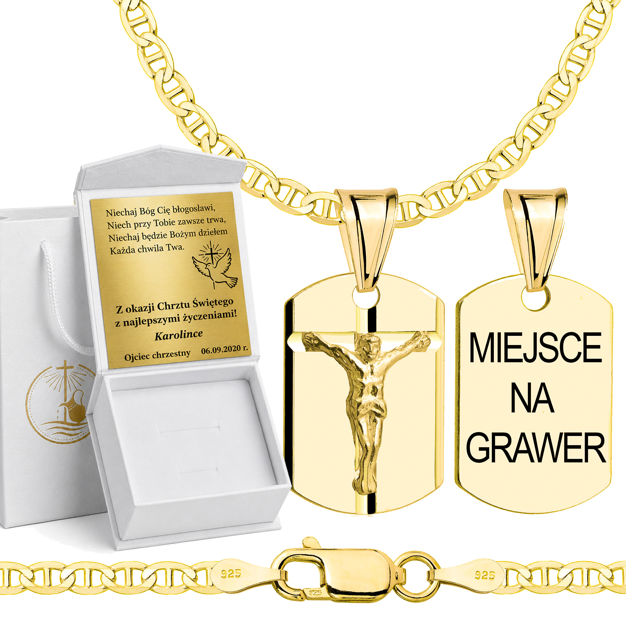 Łańcuszek na Chrzest pozłacany srebrny gucci z medalikiem 2,6mm z grawerowanym pudełeczkiem i zawieszką pr. 925