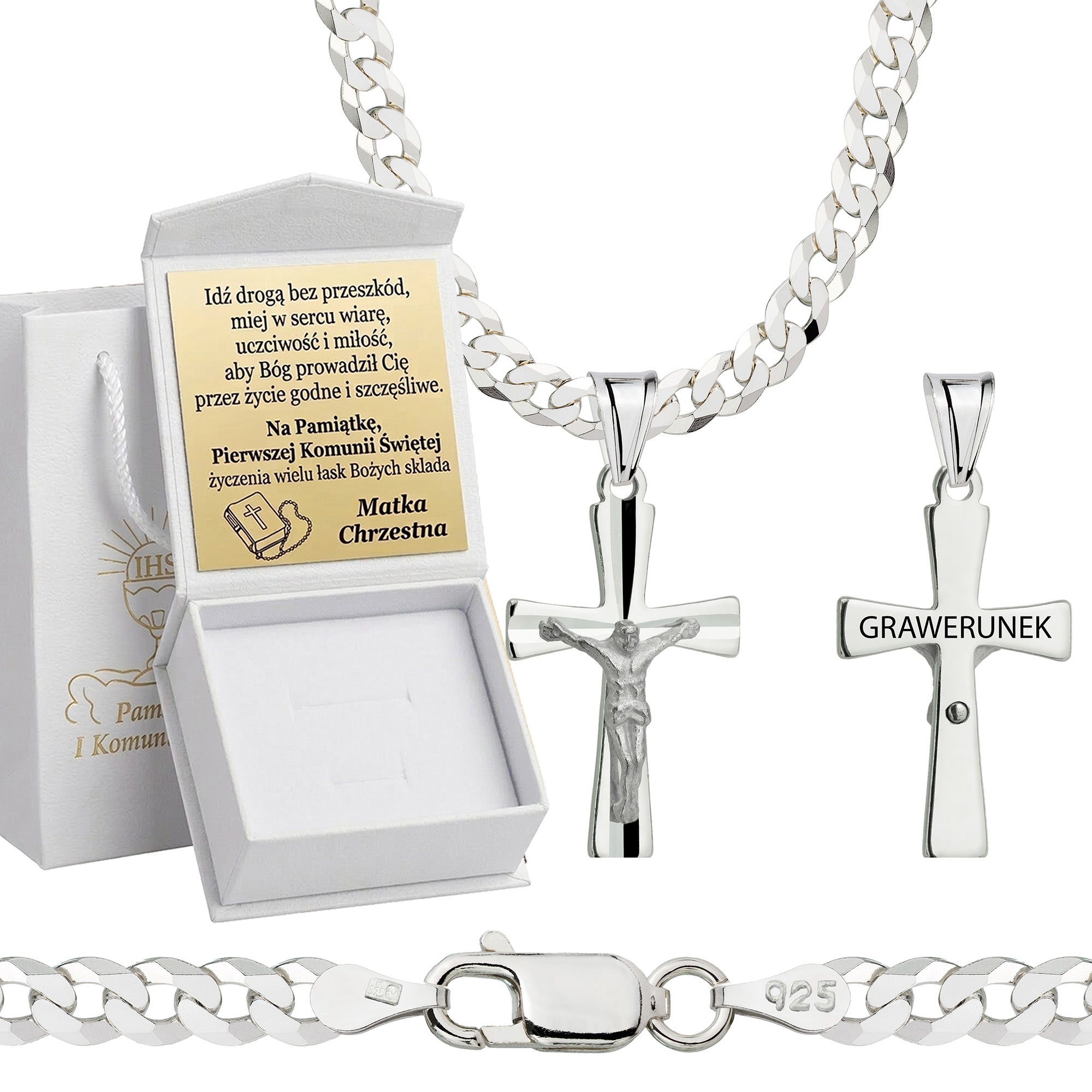 Łańcuszek komunijny srebrny z krzyżykiem pancerka 3,8mm z grawerowanym pudełeczkiem i zawieszką pr. 925