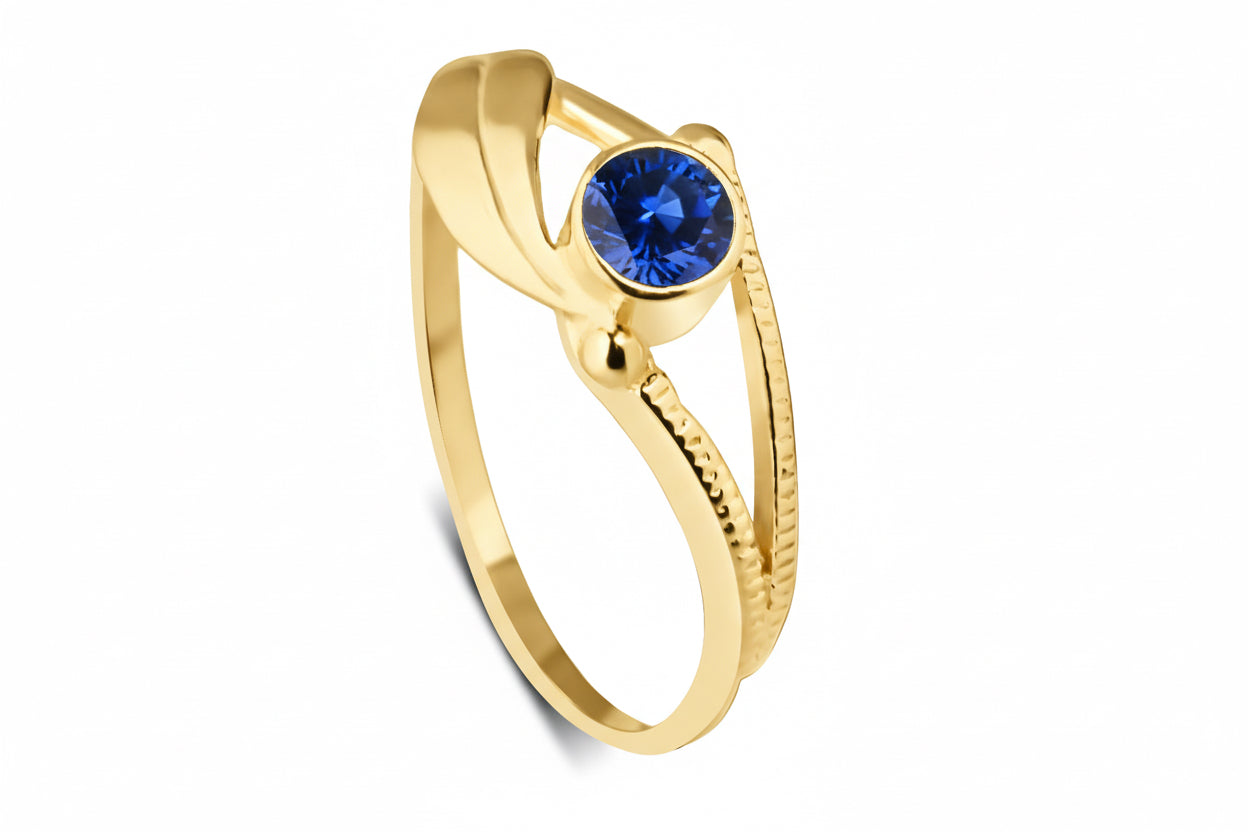 Pierścionek liść z kamieniem Blue Sapphire srebro pozłacane